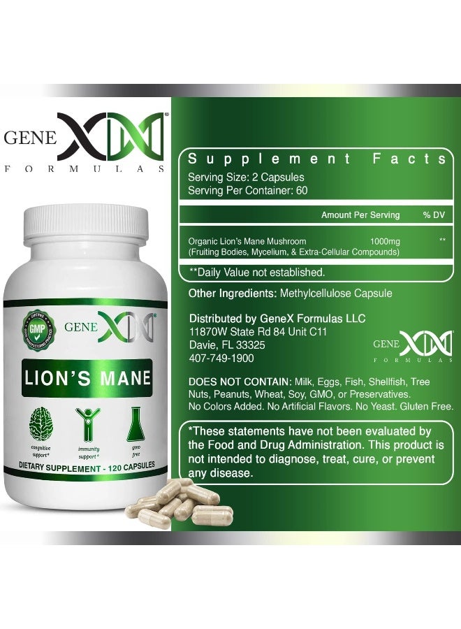 Genex Formulas Lions Mane Supplement With 100% Lions Mane Extract - Nootropics Brain Support Supplement For Brain Boost, Focus, Mental Clarity, Natural Energy, 1000Mg/Serving - (120 Capsules) - Image 2